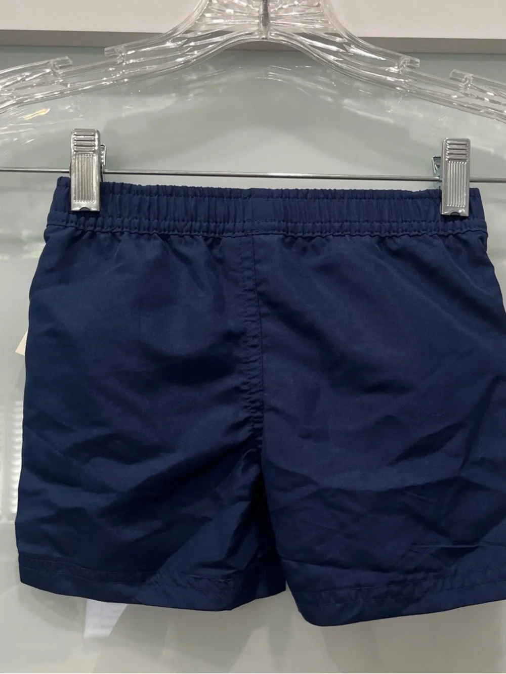 First Impressions Navy blue kids swim shorts with red drawstring, Size 18 months